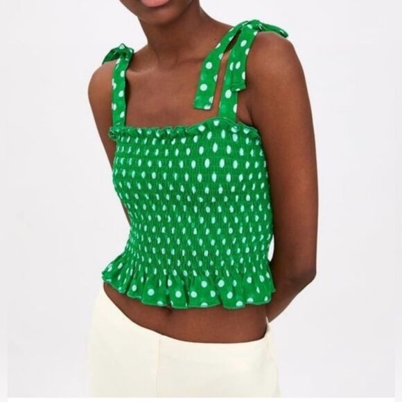 Zara green and white polk dot tank top with adjustable tie straps Size M - Picture 1 of 6
